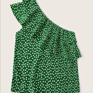 Green and white asymmetrical floral print top